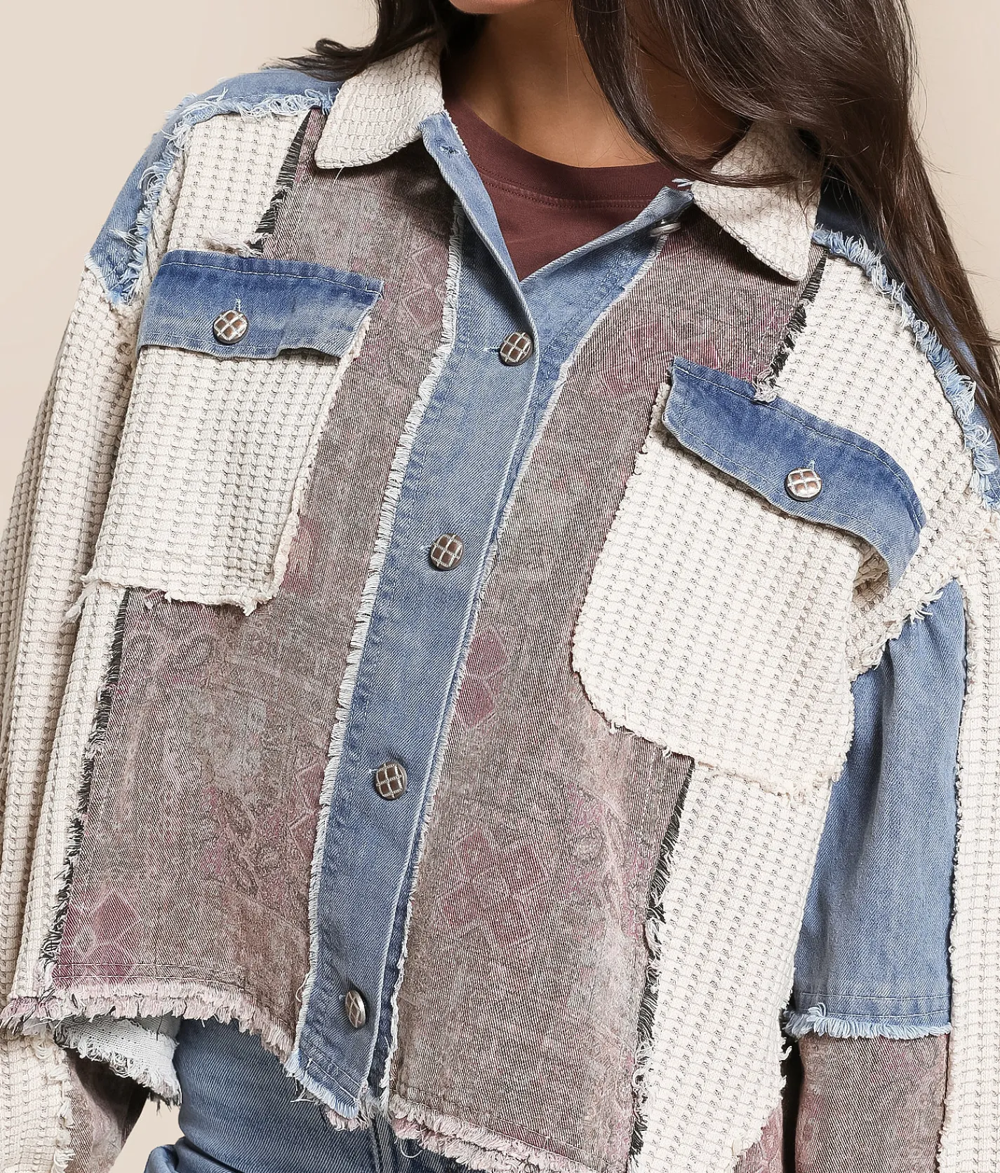 POL Pieced Denim Jacket Oatmeal Denim Hot