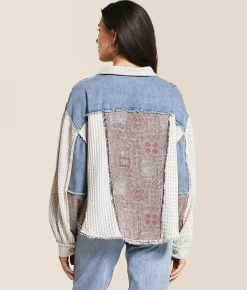 POL Pieced Denim Jacket Oatmeal Denim Hot