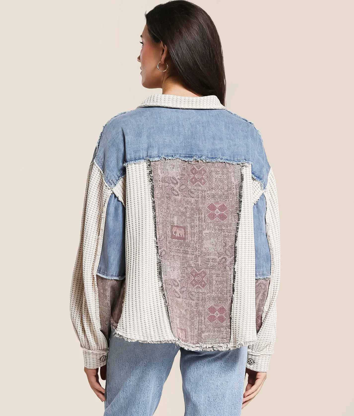 POL Pieced Denim Jacket Oatmeal Denim Hot