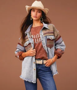 Sterling & Stitch Pieced Denim Jacket Denim Taupe New