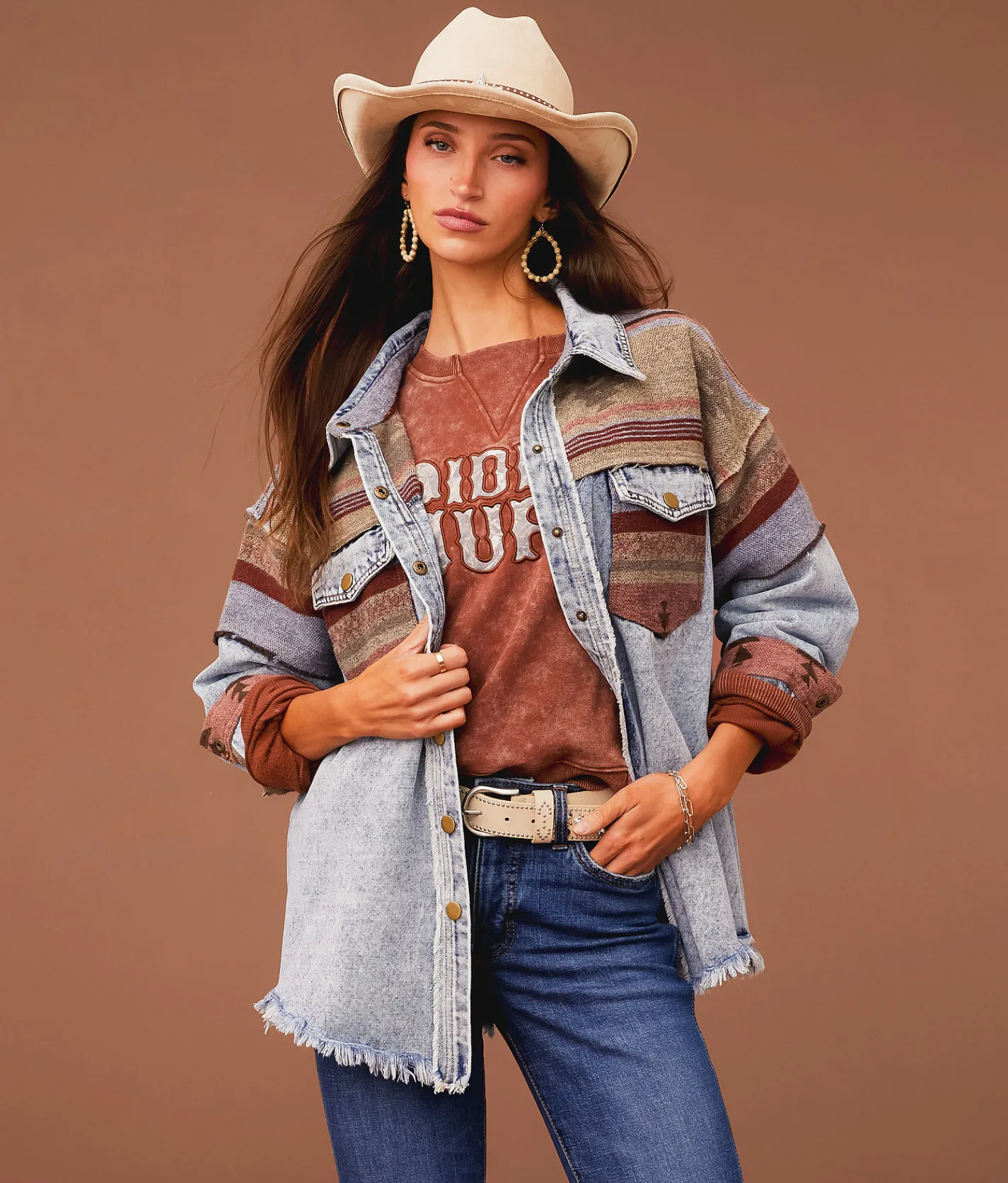 Sterling & Stitch Pieced Denim Jacket Denim Taupe New