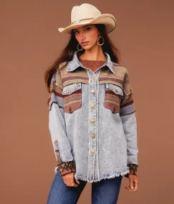 Sterling & Stitch Pieced Denim Jacket Denim Taupe New