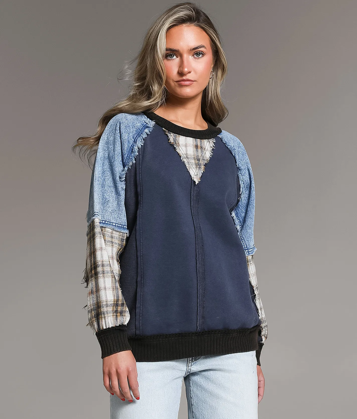 BKE Pieced Denim Washed Pullover Navy Best