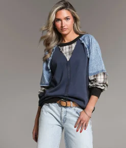 BKE Pieced Denim Washed Pullover Navy Best