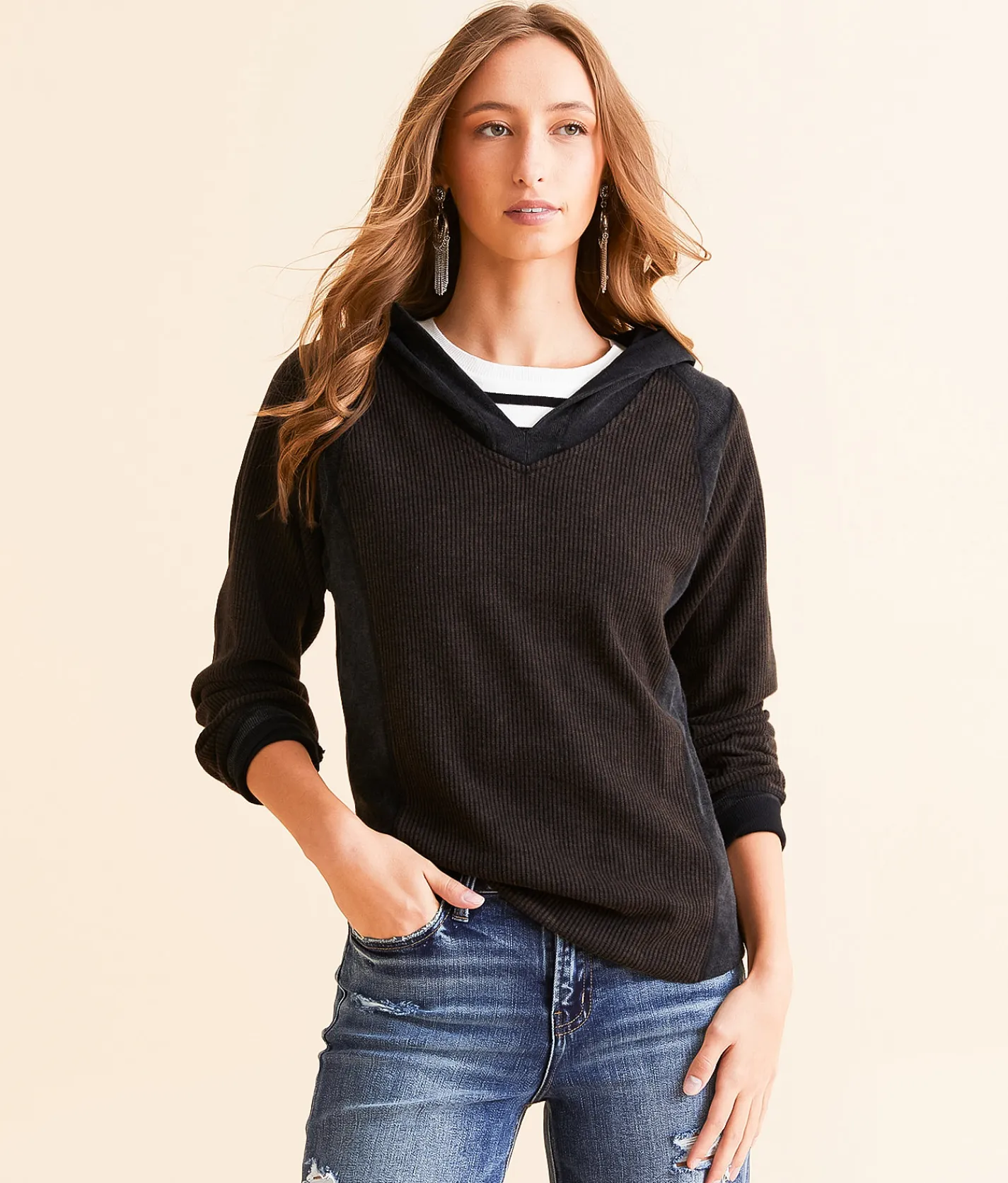 BKE Pieced Exposed Seam Hoodie Washed Black Outlet