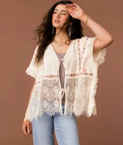 Tops | Gimmicks Pieced Eyelash Lace Kimono Cream