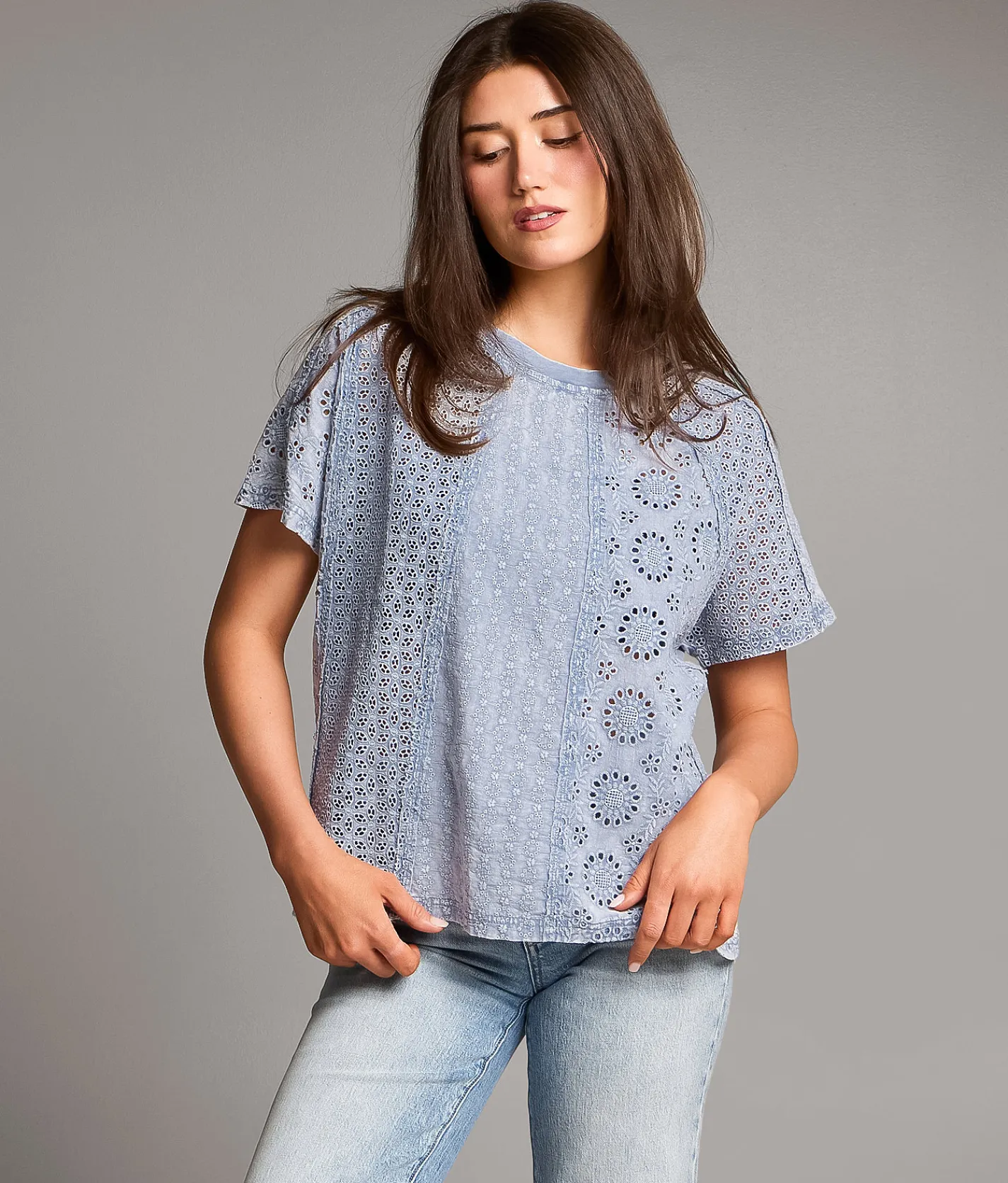 Tops | BKE Pieced Eyelet Lace Top Blue