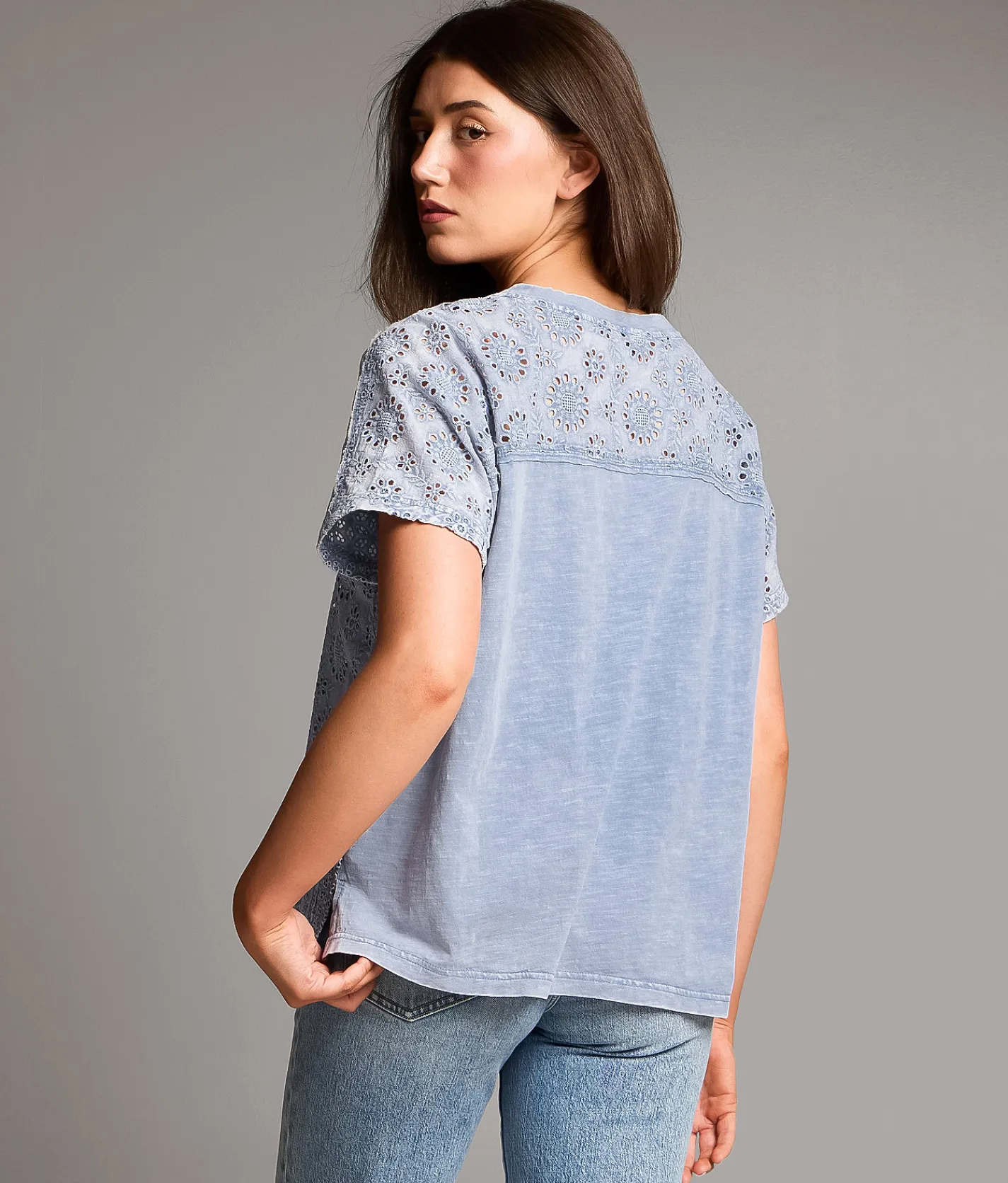 Tops | BKE Pieced Eyelet Lace Top Blue