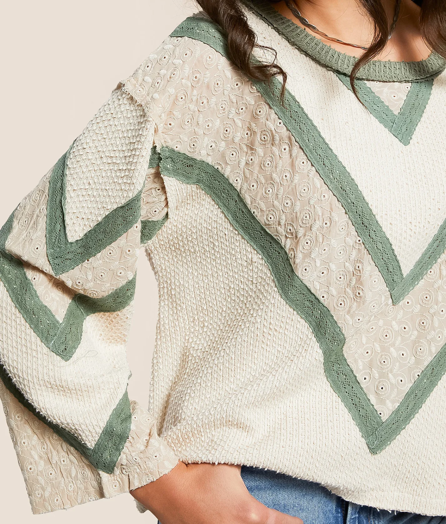 Tops | POL Pieced Eyelet Linen Blend Top Almond Milk