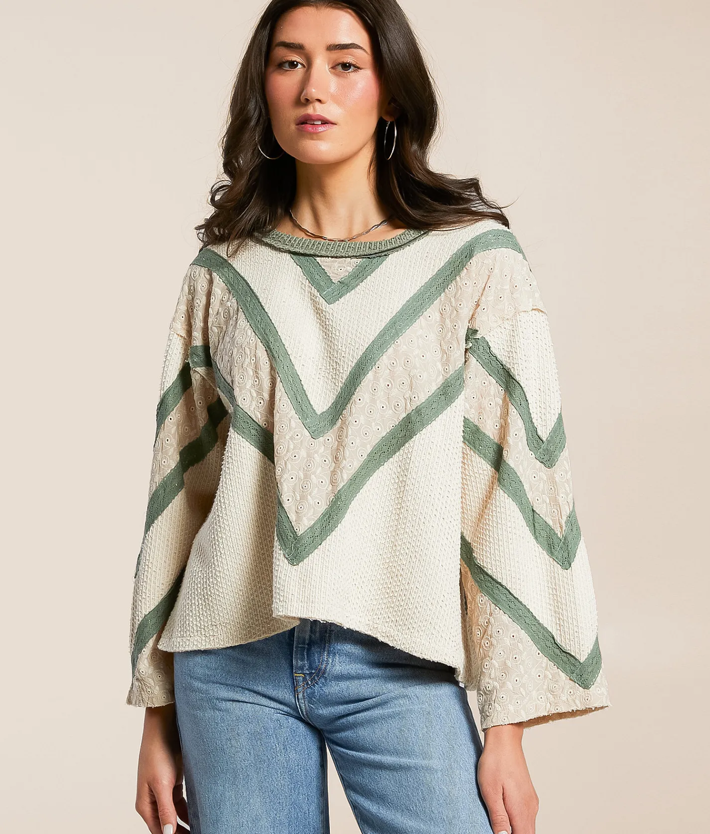 Tops | POL Pieced Eyelet Linen Blend Top Almond Milk