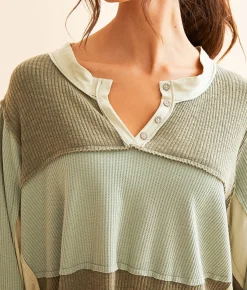 POL Pieced Faux Henley Top Olive Best