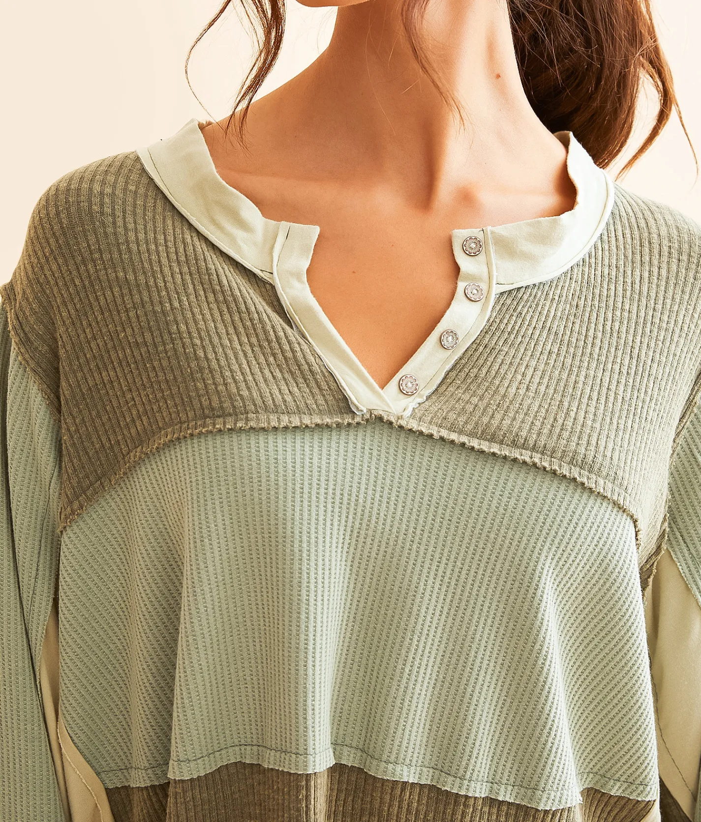 POL Pieced Faux Henley Top Olive Best