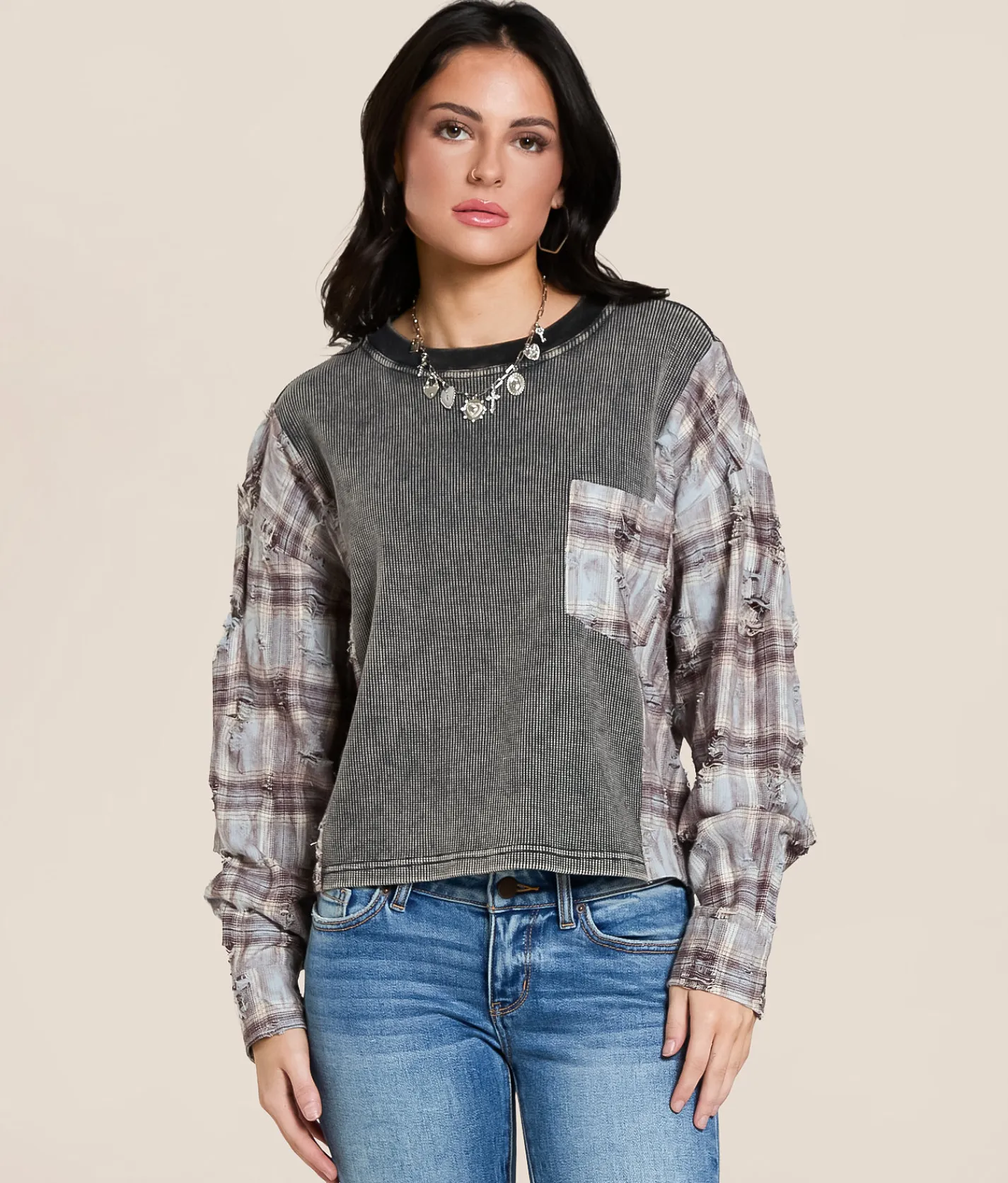 Tops | Gilded Intent Pieced Flannel Washed Thermal Washed Black