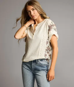 BKE Pieced Floral & Eyelet Henley Cream Outlet