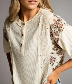 BKE Pieced Floral & Eyelet Henley Cream Outlet