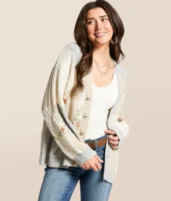 Tops | POL Pieced Floral Cable Knit Cardigan Sweater Natural Grey