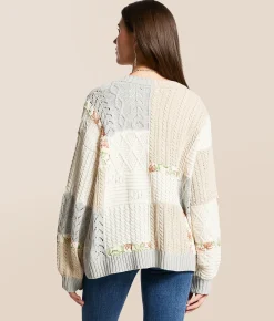 Tops | POL Pieced Floral Cable Knit Cardigan Sweater Natural Grey