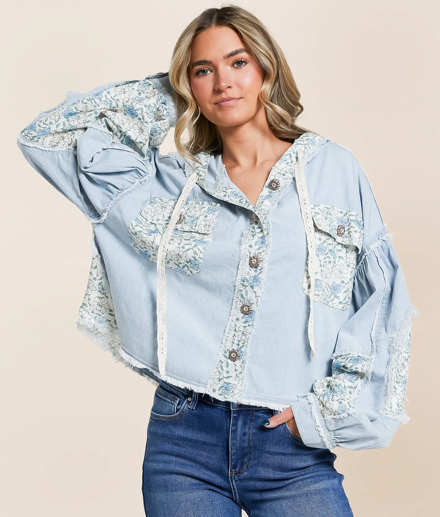 POL Pieced Floral Chambray Shacket Denim