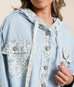 POL Pieced Floral Chambray Shacket Denim