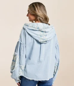 POL Pieced Floral Chambray Shacket Denim