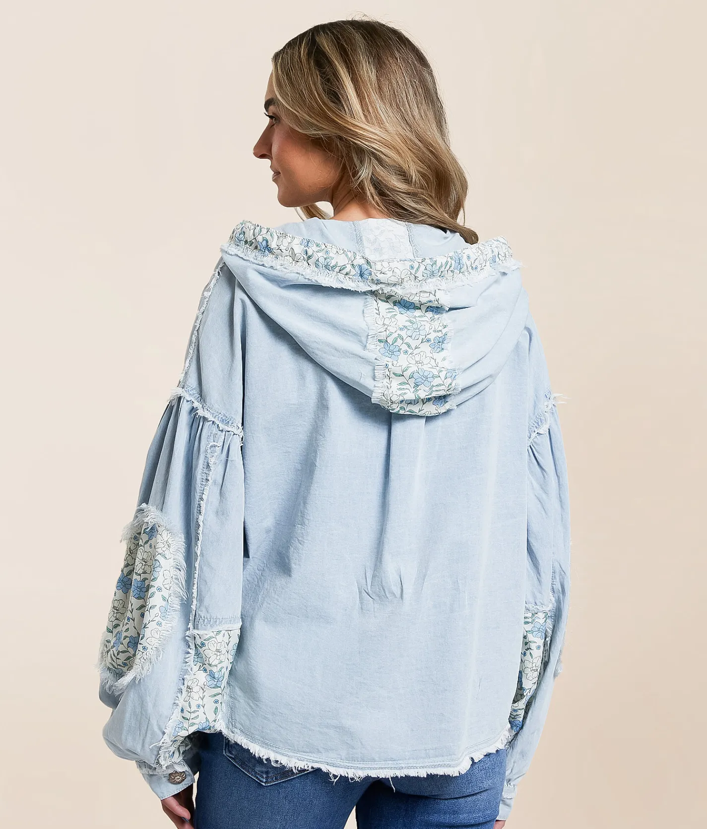 POL Pieced Floral Chambray Shacket Denim