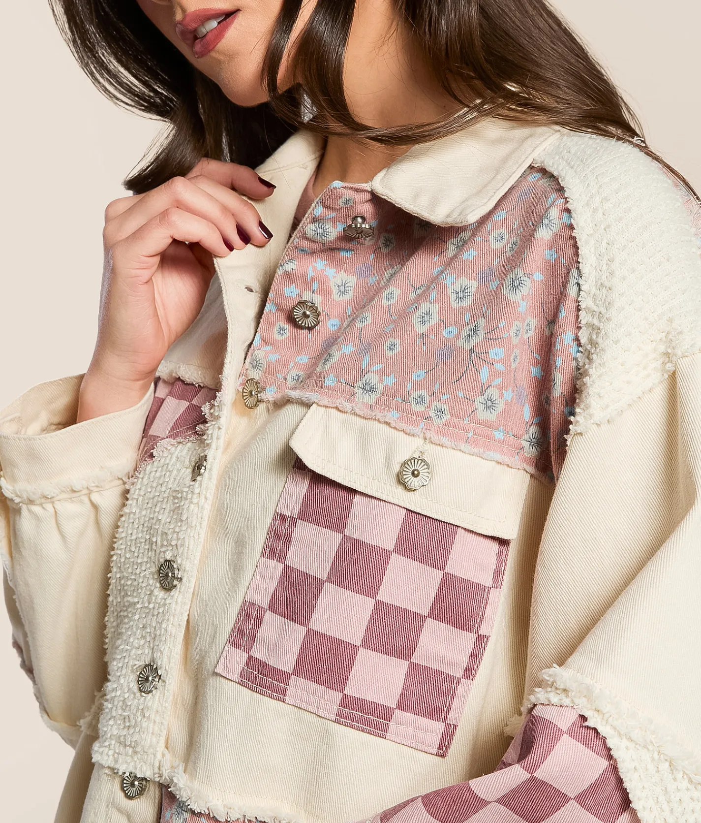 POL Pieced Floral Checkered Denim Shacket Cream Outlet
