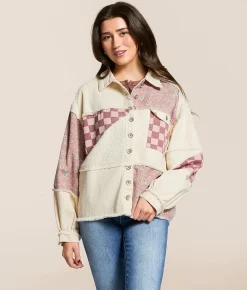 POL Pieced Floral Checkered Denim Shacket Cream Outlet
