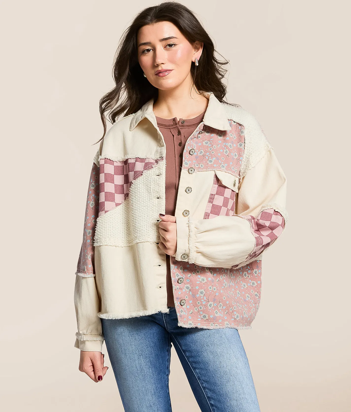 POL Pieced Floral Checkered Denim Shacket Cream Outlet