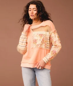 Gimmicks Pieced Floral Crochet Pullover Coral Sale