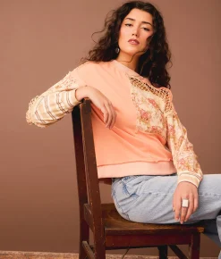 Gimmicks Pieced Floral Crochet Pullover Coral Sale