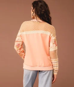Gimmicks Pieced Floral Crochet Pullover Coral Sale
