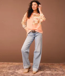 Gimmicks Pieced Floral Crochet Pullover Coral Sale
