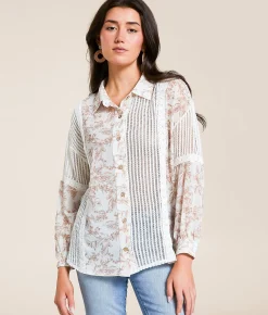 Tops | Daytrip Pieced Floral Crochet Top Taupe Cream White