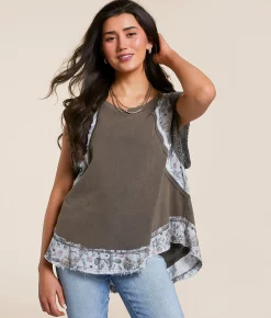POL Pieced Floral Crochet Top Charcoal Discount