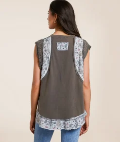 POL Pieced Floral Crochet Top Charcoal Discount