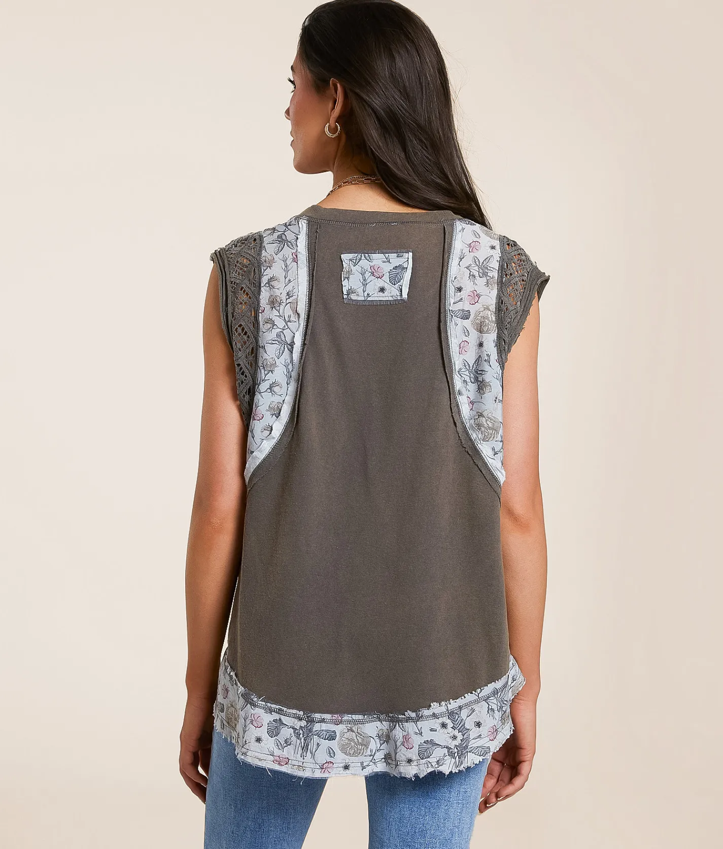 POL Pieced Floral Crochet Top Charcoal Discount