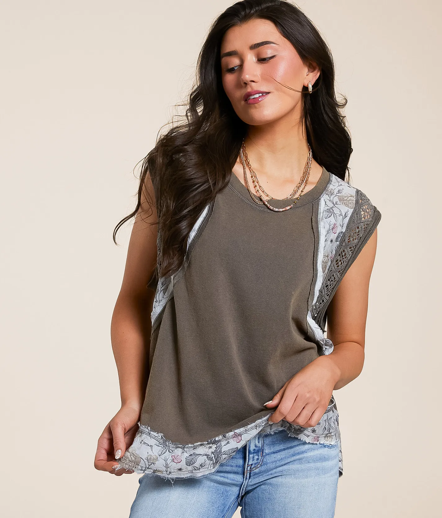 POL Pieced Floral Crochet Top Charcoal Discount