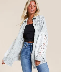 POL Pieced Floral Denim Oversized Shacket Denim Floral Multi Sale