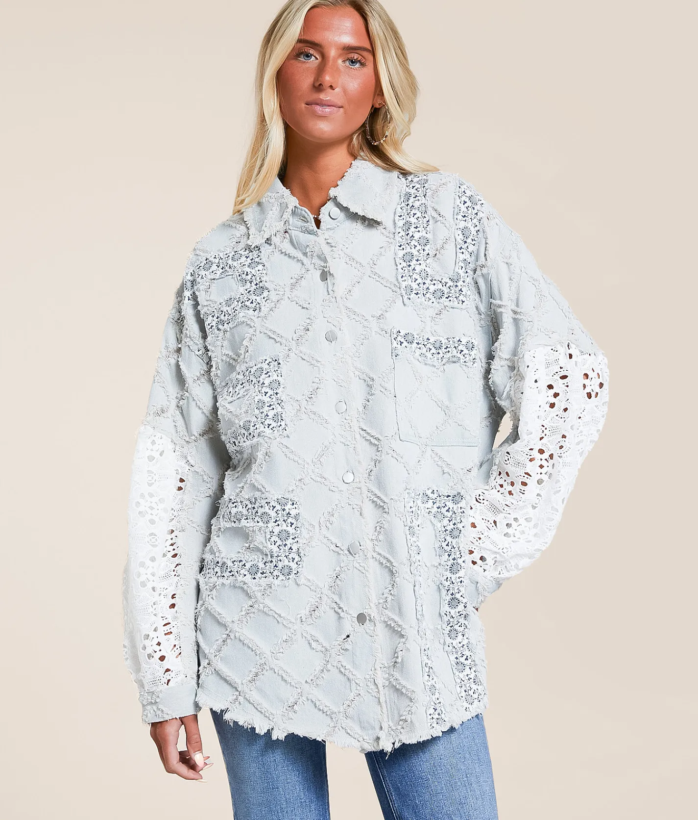 POL Pieced Floral Denim Oversized Shacket Denim Floral Multi Sale