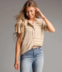 Tops | BKE Pieced Floral Embroidered Henley Birch