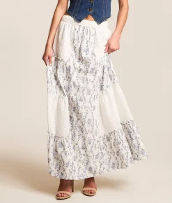 Trixxi Pieced Floral Eyelet Maxi Skirt White Blue