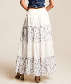 Trixxi Pieced Floral Eyelet Maxi Skirt White Blue