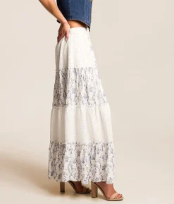 Trixxi Pieced Floral Eyelet Maxi Skirt White Blue