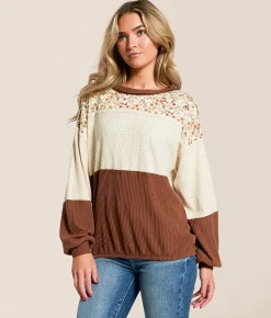Daytrip Pieced Floral Eyelet Top Brown Multi