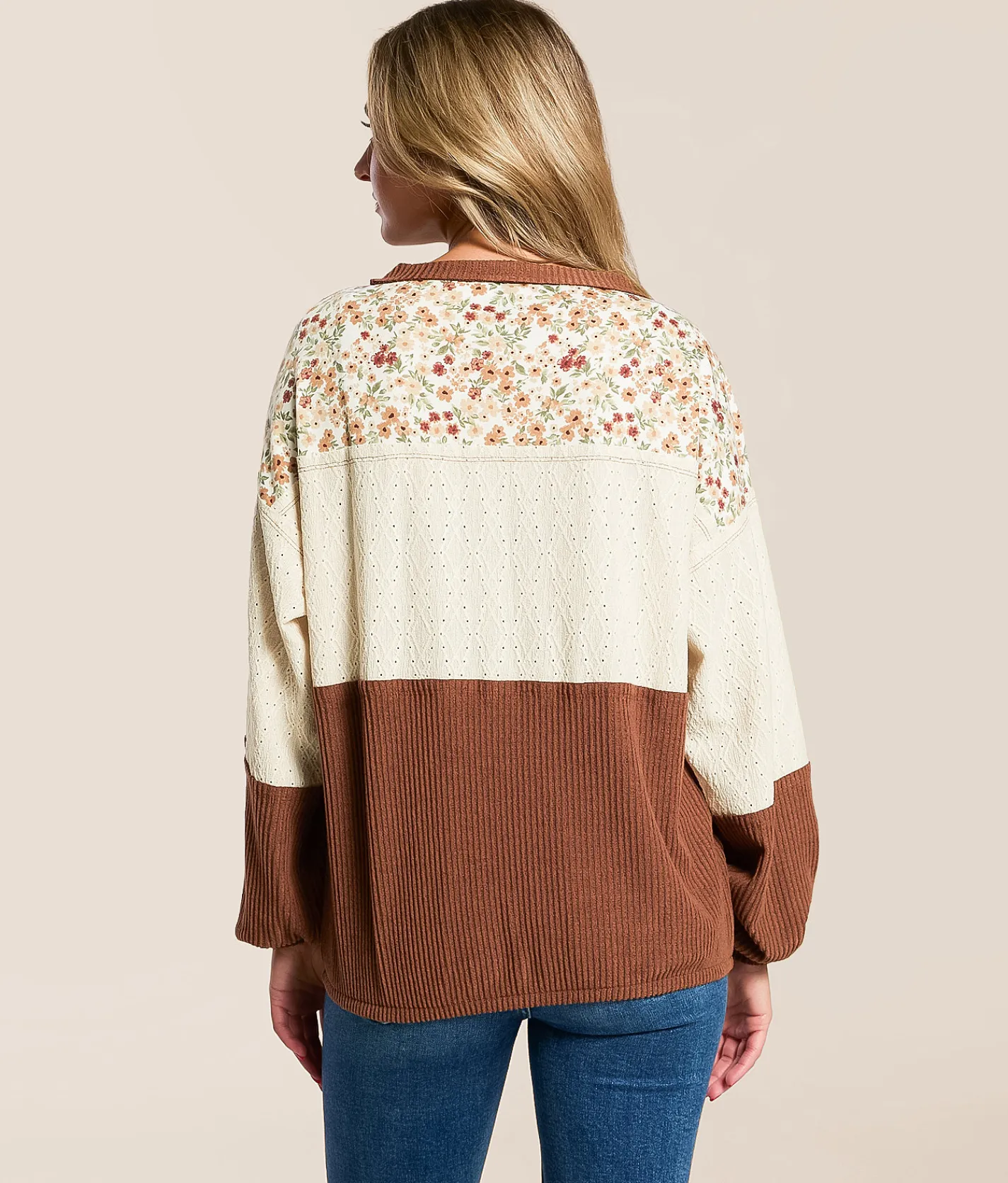 Daytrip Pieced Floral Eyelet Top Brown Multi