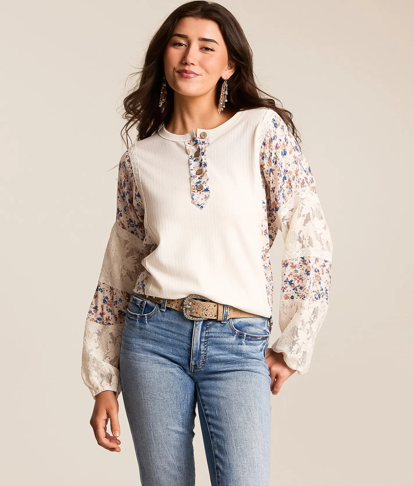 Tops | Daytrip Pieced Floral Henley Cream Multi