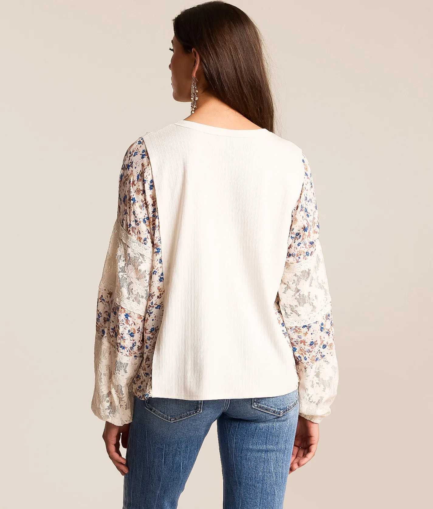 Tops | Daytrip Pieced Floral Henley Cream Multi