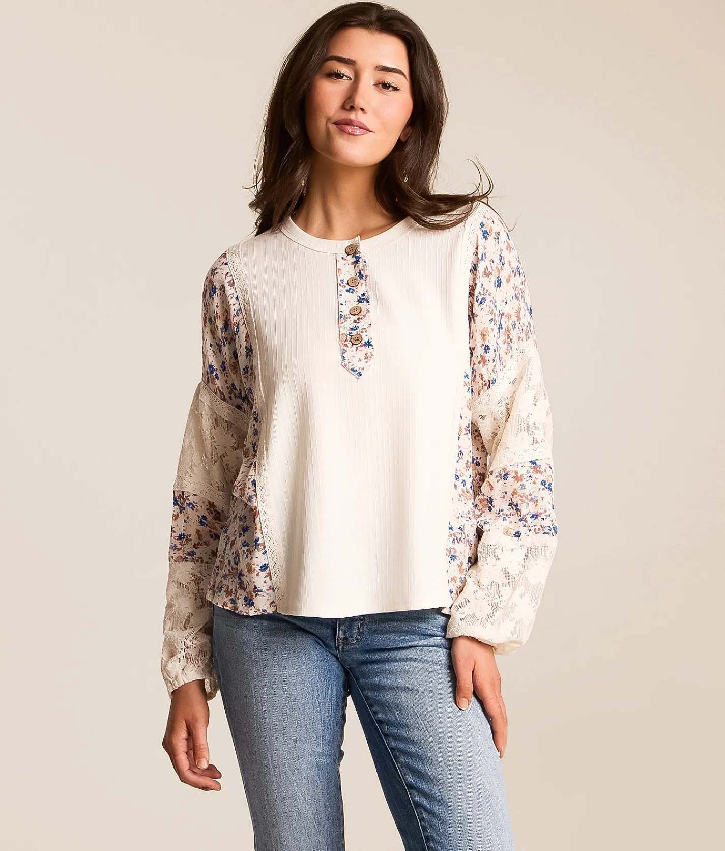 Tops | Daytrip Pieced Floral Henley Cream Multi