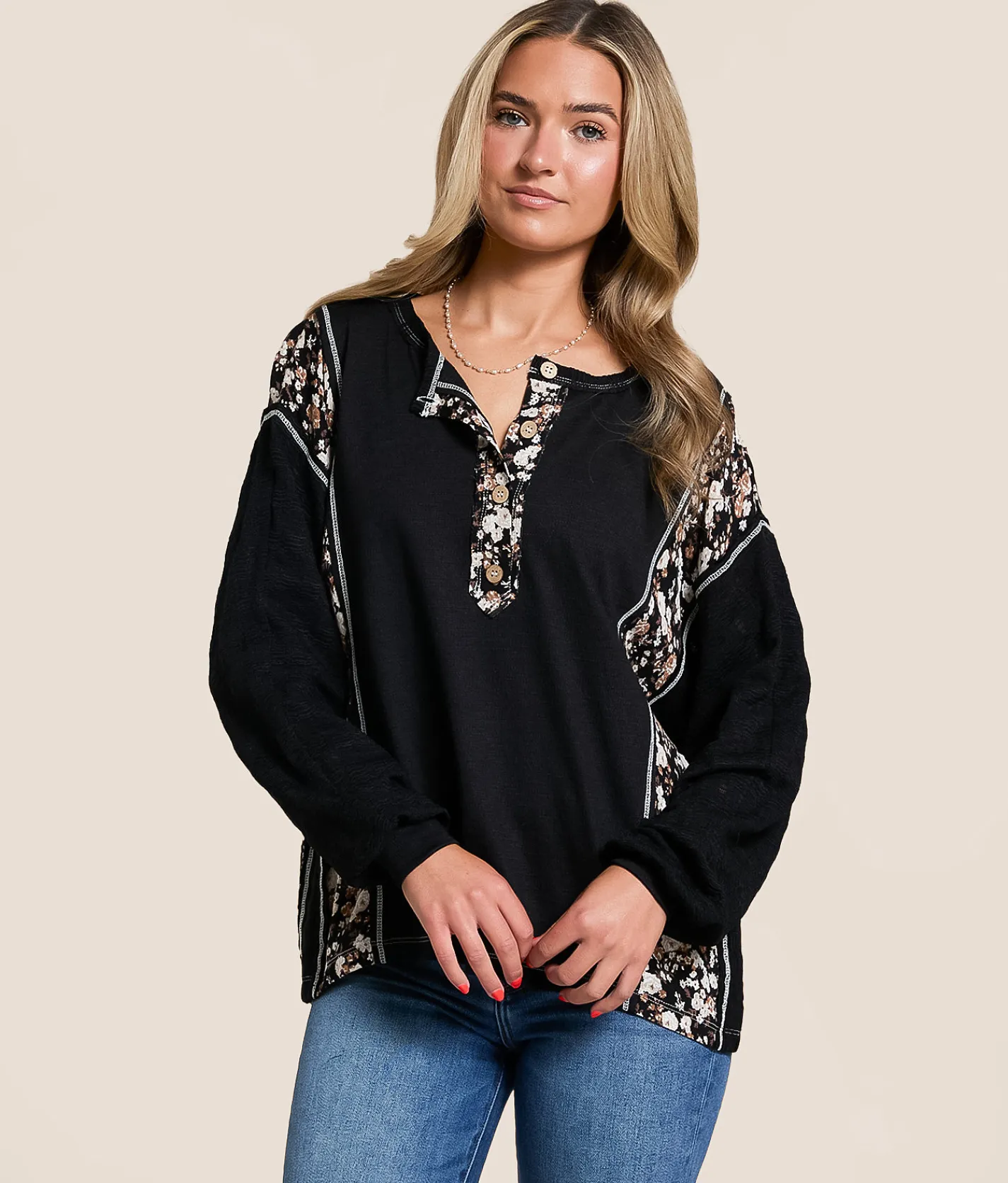 Daytrip Pieced Floral Henley Black Discount