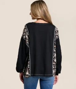 Daytrip Pieced Floral Henley Black Discount